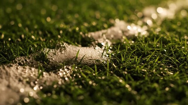 Vanishing Spray Foam Bubbling and Disappearing on Green Grass Soccer Pitch, Close-up of Referee Line Marker