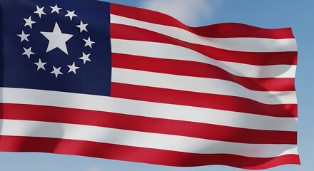 Obraz premium Historical betsy ross american flag with thirteen stars waving against a clear blue sky. 13 colonies flag