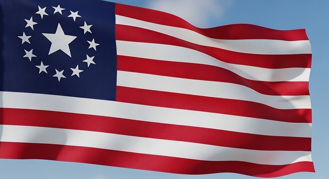 Historical betsy ross american flag with thirteen stars waving against a clear blue sky. 13 colonies flag
