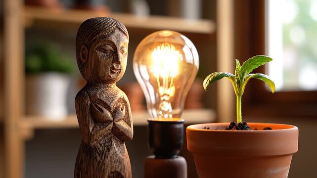Indoor scene with carved wooden statue, glowing light bulb, and terracotta pot sprout, symbolizing nature, creativity, and innovation in harmony.