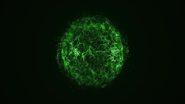 Glowing green AI sphere with neural network structure and dynamic data flow, abstract cybersecurity and fintech technology animation, high quality 4k render