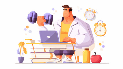 Fototapeta premium Athlete juggles professional responsibilities and fitness goals by lifting a dumbbell while using a laptop.