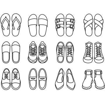 Footwear Outline Collection In Symmetrical Monoline Style For Modern Icon