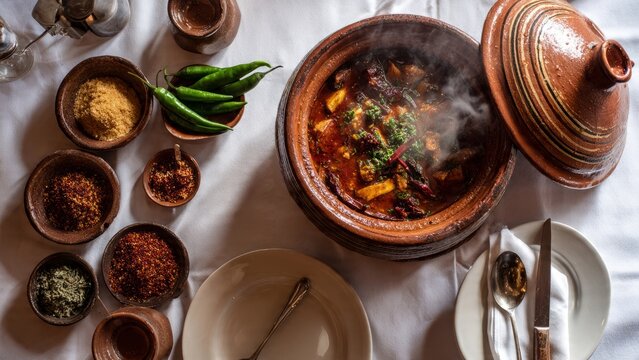 Tajine (or tagine), a traditional dish from North Africa, especially Morocco, served in an earthenware pot.