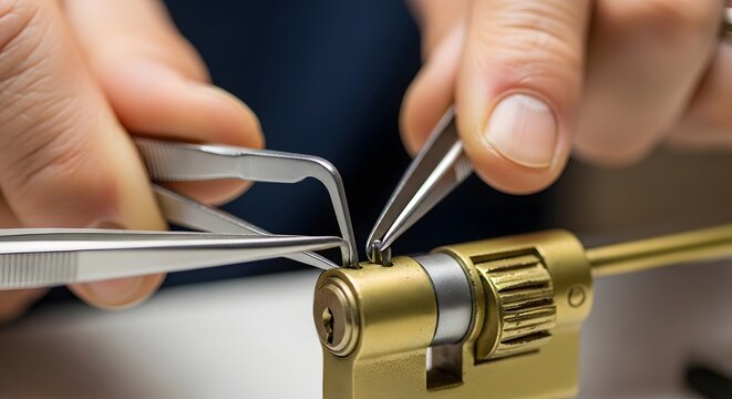 Hands using locksmith tools to pick a brass door lock