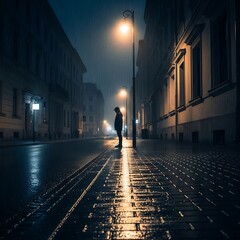 Obraz premium Lonely person standing on a rainy city street at night under a street lamp.