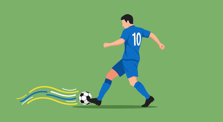 Obraz premium Energetic illustration of a male soccer player powerfully kicking a football with motion lines, depicting speed and athleticism in a dynamic pose against a simple green background