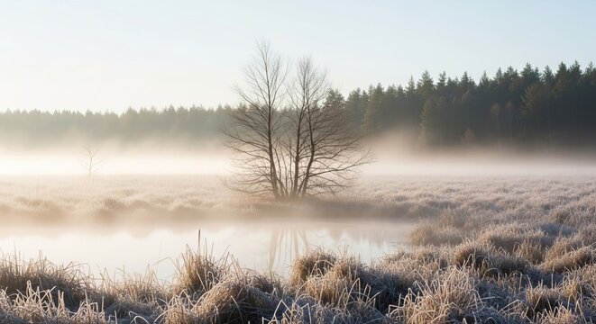 A solitary bare tree stands in a frosty winter marsh surrounded by thick morning fog and calm water reflections