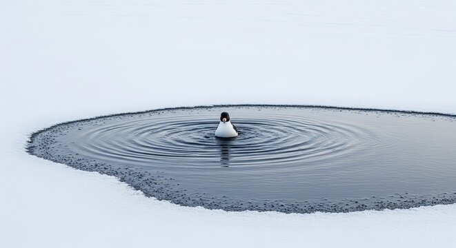A solitary waterfowl creates ripples on a calm water surface surrounded by snowy wetlands in winter.