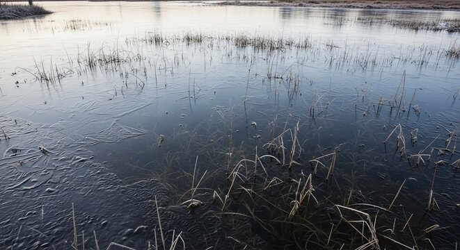 Frozen Marshland Surface with Thin Ice and Emerging Frost-Covered Grass Stems in Winter Light