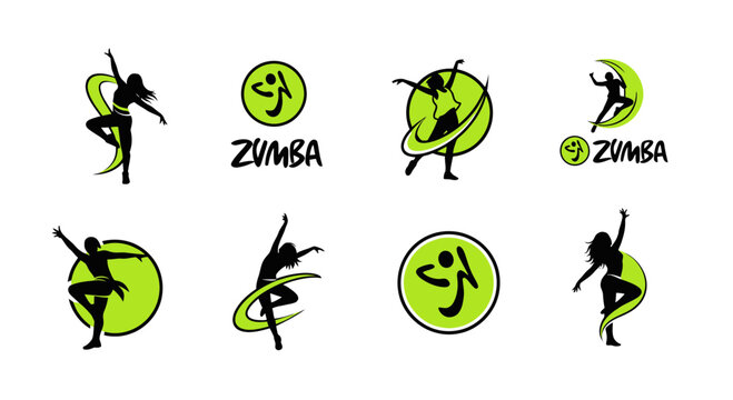Zumba Dance Fitness Logos Collection: Energetic Silhouettes in Green Circles