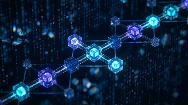 A Digital Blockchain Network With Glowing Blocks And Binary Code Represents Advanced Technology And Secure Data Transfer.