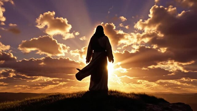 Jesus silhouette stands on hill crest with sun shining behind at sunset in VSRExport