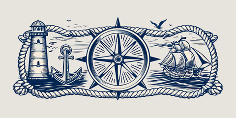 Nautical scene with lighthouse compass ship and anchor illustration © Juran