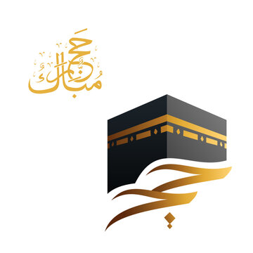 Elegant Islamic illustration featuring the holy Kaaba in Makkah with premium gold Arabic calligraphy. Perfect for Hajj, Umrah, and religious greeting cards. Vector EPS design for print.