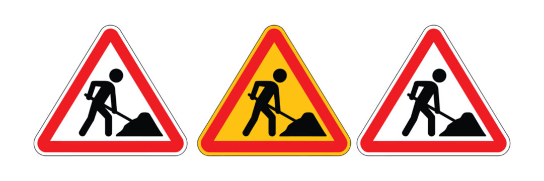 Roadwork warning signs set vector illustration featuring construction safety icons, under construction road sign, digging worker symbol, and work in progress alerts