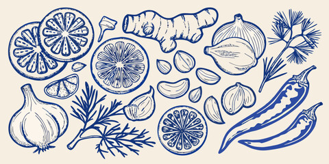 Culinary ingredients illustration in blue tones with citrus garlic and herbs © Juran
