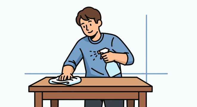 Man cleaning table with spray bottle and cloth vector illustration