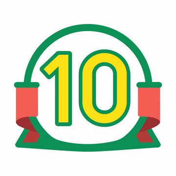 Flat vector illustration of a 10 year anniversary milestone icon and celebration banner, signifying a decade achievement, success, or corporate branding award.