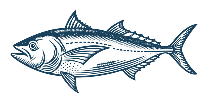 Tuna fish illustration detailed side view on black background