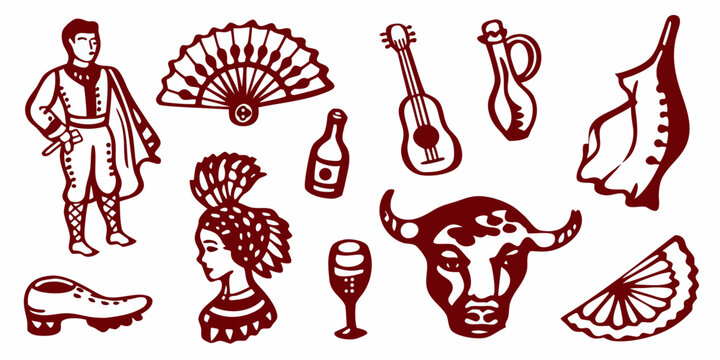 spanish culture icons and symbols hand drawn style illustration