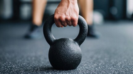 Fototapeta premium Exercising hand gripping a heavy black kettlebell on a gym floor, concept of fitness, strength, and training