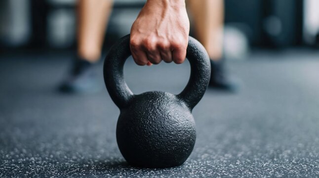 Exercising hand gripping a heavy black kettlebell on a gym floor, concept of fitness, strength, and training