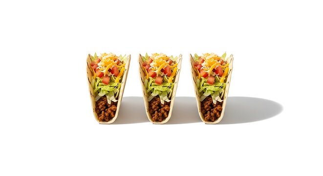 Three delicious hard-shell tacos, filled with seasoned beef, crisp lettuce, shredded cheese, and fresh tomatoes, presented on a clean white background