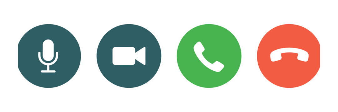 Video call icon set for smartphone interface with microphone recorder answer and end call symbols in colorful vector style UI design