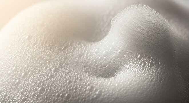 Close-up Macro Shot of White Foam Bubbles with Water Droplets.