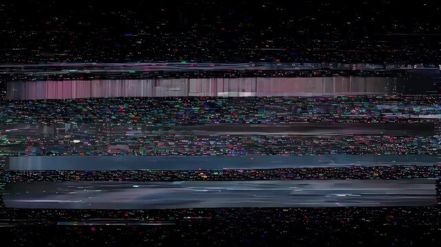Digital glitch abstract background with neon pixel noise and dark horizontal distortion, colorful horizontal noise, static lines, and dark distortion effect for technology theme, abstract distortion
