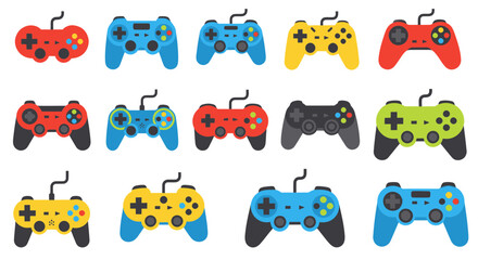 Colorful Video Game Controllers Collection, Retro and Modern Gaming Joysticks © evol