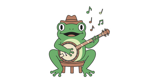Cartoon frog playing banjo with musical notes on white background