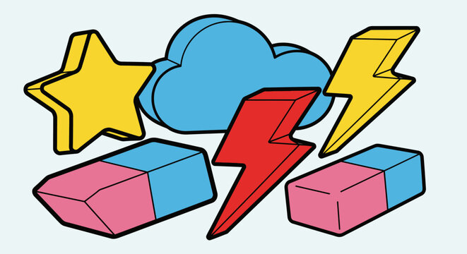Colorful illustration of various objects including star cloud lightning and erasers