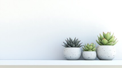 Obraz premium Minimalist Potted Green Plants on White Shelf Against Clean Wall with Copy Space