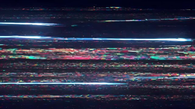 Abstract digital glitch neon light streaks dark noise futuristic data texture with colorful scan lines and motion blur, cyber effect vibrant color, horizontal interference dark background for SEO