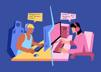 Fototapeta premium Modern flat illustration online communities, people communicating via smartphones, video calls, and online gaming