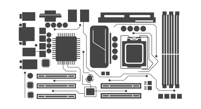 Detailed schematic illustration of a computer motherboard with various components and circuit traces.
