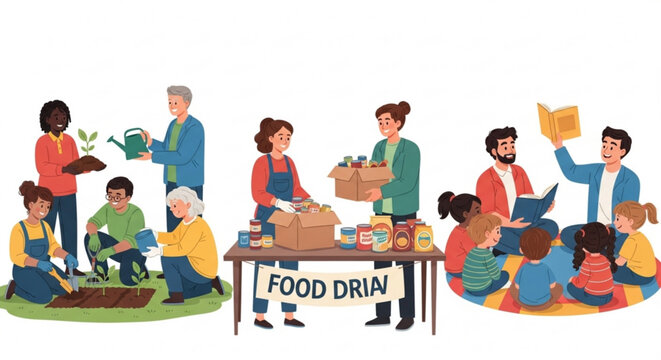Diverse group of volunteers doing community service and food drive work