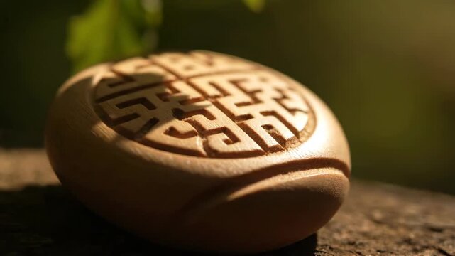Closeup of a carved wooden amulet with geometric patterns resting on a textured surface in dappled sunlight with green foliage blurred in the background conveying a sense of nature and tradition
