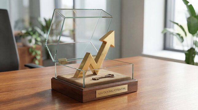 Golden arrow inside transparent glass box unlocking potential success concept innovation opportunity growth future