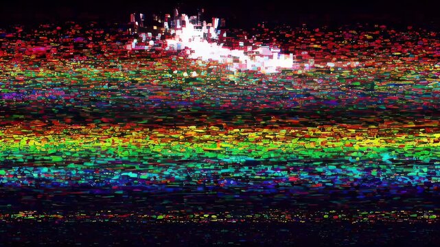 Abstract glitch art background with rainbow horizontal noise, pixel pattern, colorful digital noise, horizontal static lines, dark textured screen effect, bright light top, white city silhouette