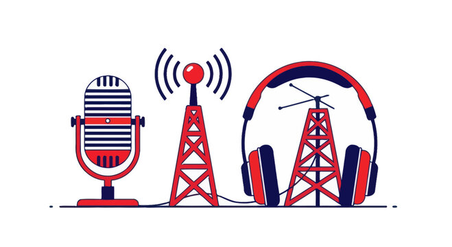Retro Microphone, Radio Towers, and Headphones - Audio Broadcast Concept