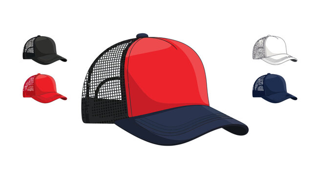 Trucker Hat Collection: Red, Blue, Black, White Caps on White Background