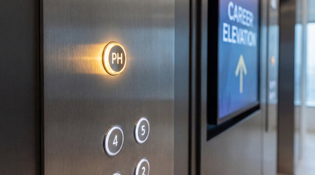 Elevator button panel with top floor glowing gold promotion and career elevation concept success luxury