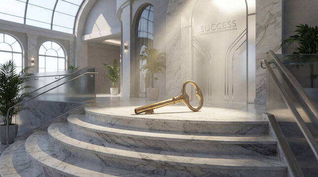 Golden key placed on highest step marble staircase unlocking success potential opportunity luxury achievement prosperity