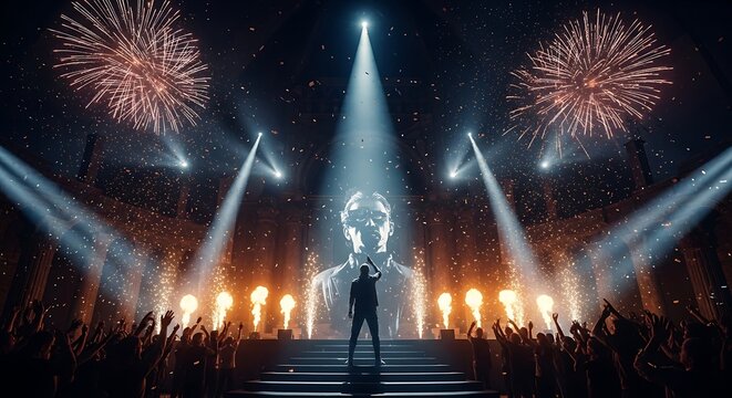A male DJ performing on stage at a massive electronic dance music festival with fireworks and spotlights.