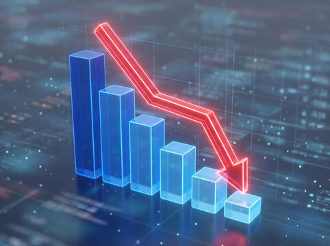 3D blue bar graph with bright red arrow moving downward business decline concept market loss