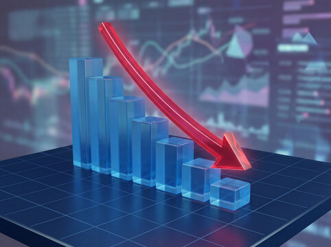3D blue bar graph with bright red arrow moving downward business decline concept market downturn visualization