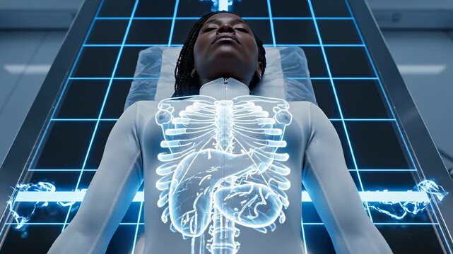 female patient lying along a central grid while internal structures align symmetrically illustrating precise anatomical calibration, advanced medical scanning in a futuristic clinical environment